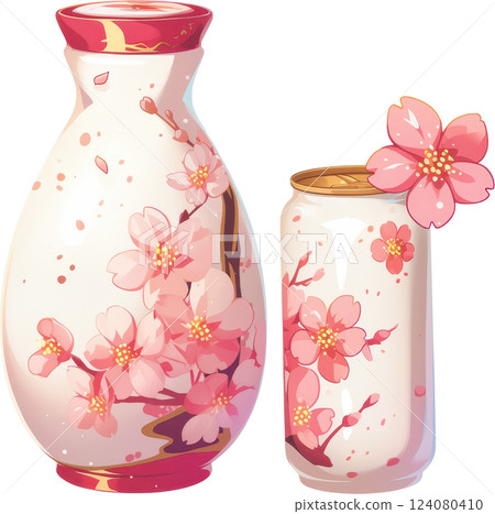 Elegant sake bottle and can with cherry blossoms 124080410