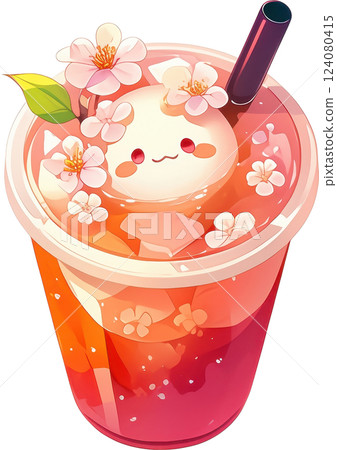 Kawaii Drink with Floral Garnishes and Vibrant Colors in Glass Kawaii Drink with Floral Garnishes and Vibrant Colors in Glass 124080415