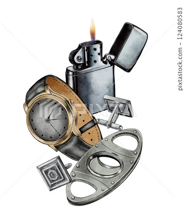 Wristwatch, Cufflinks, and Lighter Watercolor Illustration Wristwatch, Cufflinks, and Lighter Watercolor Illustration 124080583