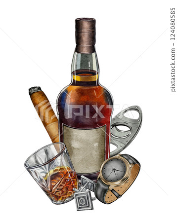 Whiskey, Cigar, and Accessories Watercolor Composition 124080585