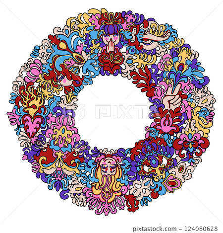 A vibrant vector wreath featuring female faces, stylized floral ornaments in psychedelic style in vivid colors. A vibrant vector wreath featuring female faces, stylized floral ornaments in psychedelic style in vivid colors. 124080628