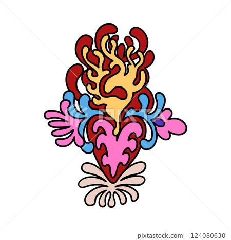 A stylized sacred heart with flames, surrounded by intricate floral motifs in vivid colors 124080630