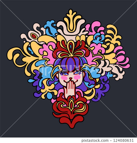 Cute giggling girl with purple hair covering her mouth with a hand, surrounded by swirling decorative floral elements 124080631