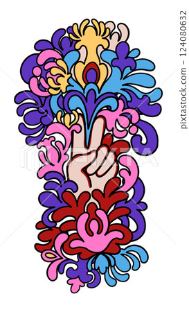 A symbolic vector illustration of a hand making a peace sign, surrounded by abstract floral shapes A symbolic vector illustration of a hand making a peace sign, surrounded by abstract floral shapes 124080632