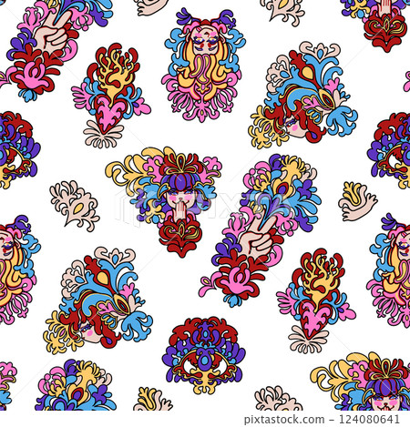 A vibrant seamless pattern with female faces, flowers, and decorative elements in psychedelic style 124080641