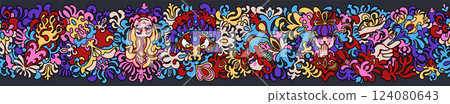 A vibrant seamless vector border with female faces, flowers, and decorative elements in psychedelic style A vibrant seamless vector border with female faces, flowers, and decorative elements in psychedelic style 124080643
