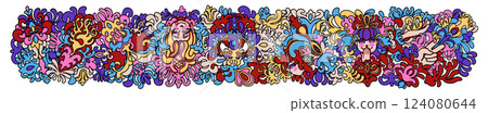 A vibrant vector horizontal design with female faces, flowers, and decorative elements in psychedelic style A vibrant vector horizontal design with female faces, flowers, and decorative elements in psychedelic style 124080644