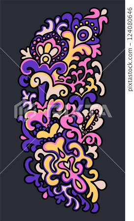 An intricate vector floral ornament with swirling abstract shapes in psychedelic aesthetics 124080646