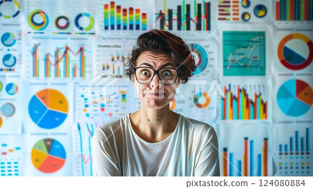 A person with a 'meh' expression stands before a wall filled with colorful graphs, seemingly unimpressed. A person with a 'meh' expression stands before a wall filled with colorful graphs, seemingly unimpressed. 124080884