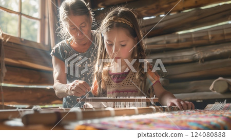 A young girl learns to weave on a loom, guided by her grandmother, as sunlight fills their wooden cabin. 124080888