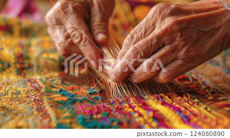 Artisan's skilled hands weave vibrant, naturally dyed threads, showcasing craftsmanship and traditional techniques. 124080890