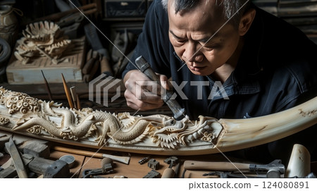 A master ivory carver chisels an intricate dragon on a tusk, his expression revealing deep focus and skill. 124080891