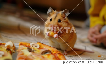 A hamster devours a huge pizza slice, captivating its onlooker with its astonishing appetite. 124080901