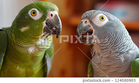 A parrot mimics human speech perfectly. Both gaze wide-eyed, amazed at the uncanny resemblance. 124080903