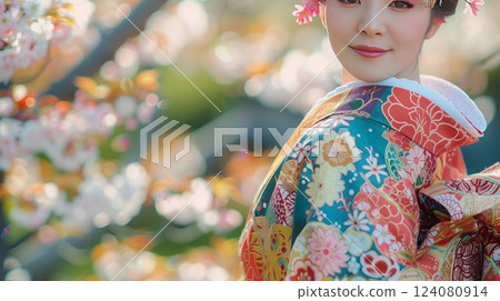 A dancer in a vibrant Japanese kimono moves gracefully in a tea garden with blooming cherry blossoms. A dancer in a vibrant Japanese kimono moves gracefully in a tea garden with blooming cherry blossoms. 124080914