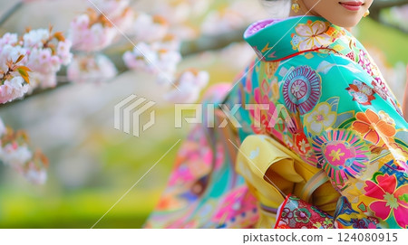Dancer in vibrant kimono amidst serene tea garden, cherry blossoms in full bloom, movements graceful. Dancer in vibrant kimono amidst serene tea garden, cherry blossoms in full bloom, movements graceful. 124080915