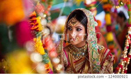 An Indian bride in an embroidered sari is surrounded by vibrant festival decorations, creating cultural joy. 124080921