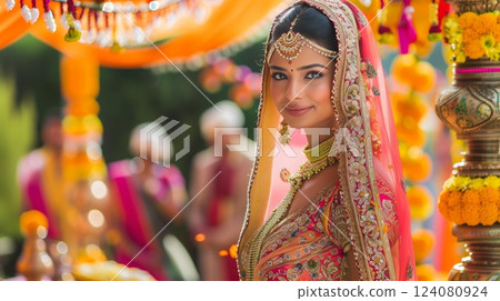 An elegant Indian bride in a richly embroidered sari amidst vibrant festival decorations and colorful tapestries. An elegant Indian bride in a richly embroidered sari amidst vibrant festival decorations and colorful tapestries. 124080924