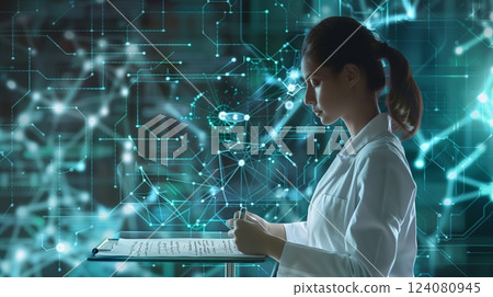 A serene moment: a researcher writes equations on a glass board, with a neural network illustration behind her. 124080945