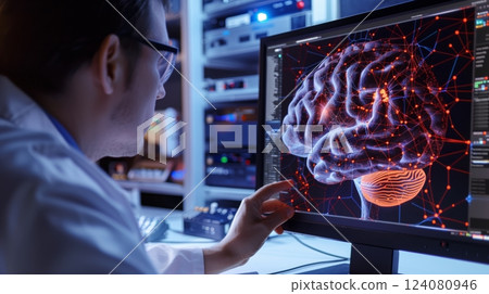 A scientist uses software to trace synaptic connections in a virtual brain, mapping neural pathways precisely. 124080946
