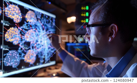A scientist uses software to map synaptic connections in a virtual brain, showing intricate neural networks. 124080947