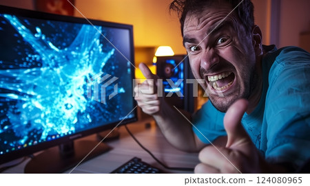 A man gives an overly enthusiastic thumbs up despite his computer showing the dreaded blue screen of death. 124080965