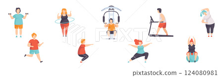 Obese People in Gym Do Sport and Fitness Exercise Vector Set 124080981