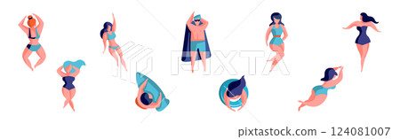Man and Woman at Beach and Seashore Sunbathing Vector Set 124081007