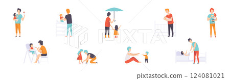 Dad Takes Care and Nursing His Little Kid Vector Set Dad Takes Care and Nursing His Little Kid Vector Set 124081021