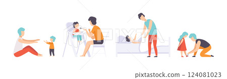 Dad Takes Care and Nursing His Little Kid Vector Set 124081023