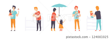 Dad Takes Care and Nursing His Little Kid Vector Set 124081025
