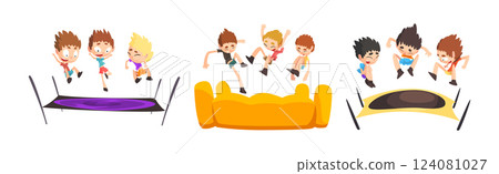 Boy Kid Jumping on Trampoline Bouncing and Having Fun Vector Set Boy Kid Jumping on Trampoline Bouncing and Having Fun Vector Set 124081027