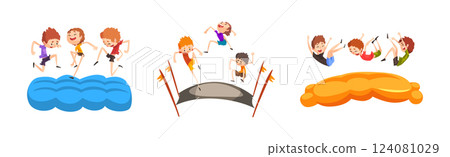 Boy Kid Jumping on Trampoline Bouncing and Having Fun Vector Set Boy Kid Jumping on Trampoline Bouncing and Having Fun Vector Set 124081029