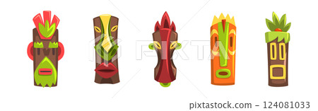 Tribal Mask Made of Wood with Carved Ornament Vector Set 124081033