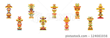 Traditional Totem Wooden Carved Pole with Animal Vector Set 124081038