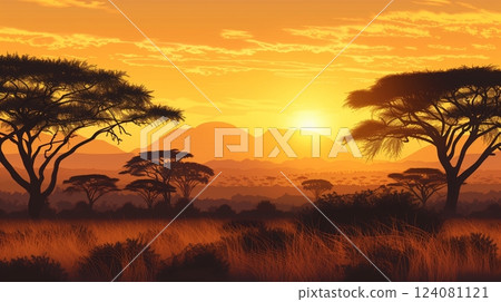 Silhouette of the savannah with acacia trees at sunset, framed by distant mountains, as day turns to night. 124081121