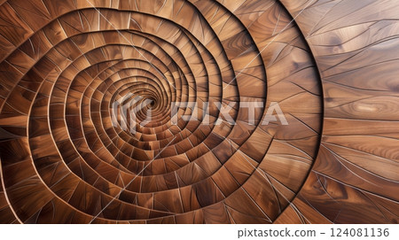 Tongue and groove boards form a spiraled mandala, creating a serene sanctuary for calm and contemplation. 124081136