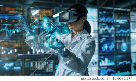 A scientist uses advanced VR to analyze complex data in immersive virtual environments for groundbreaking research. 124081174