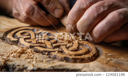 Hands skillfully carve a Celtic knot into oak, contrasting the woods grain with the artisans smooth skin. Hands skillfully carve a Celtic knot into oak, contrasting the woods grain with the artisans smooth skin. 124081196