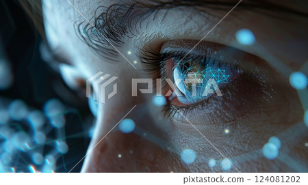 A scientist's eye reflects complex protein structures, embodying human curiosity and advanced biotech. 124081202