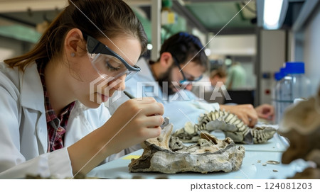 Biologists in a lab meticulously studied ancient fossils to gain insights into Earth's prehistoric life. Biologists in a lab meticulously studied ancient fossils to gain insights into Earth's prehistoric life. 124081203