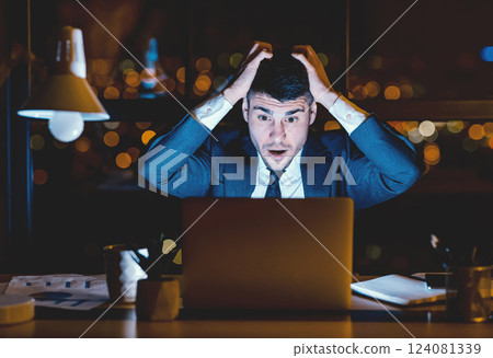 Bad Business News. Shocked Businessman Cupping Head In Hands Looking At Laptop Sitting In Modern Office At Night. Bad Business News. Shocked Businessman Cupping Head In Hands Looking At Laptop Sitting In Modern Office At Night. 124081339