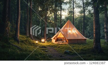 A serene camping scene showing a beautiful tent set up in a lush green forest, illuminated by lanterns with a peaceful ambiance, offering a cozy escape into nature A serene camping scene showing a beautiful tent set up in a lush green forest, illuminated by lanterns with a peaceful ambiance, offering a cozy escape into nature 124081387
