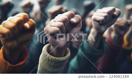 A powerful image of multiple raised fists in a protest, symbolizing unity, solidarity, and activism in a collective movement for change and justice A powerful image of multiple raised fists in a protest, symbolizing unity, solidarity, and activism in a collective movement for change and justice 124081389