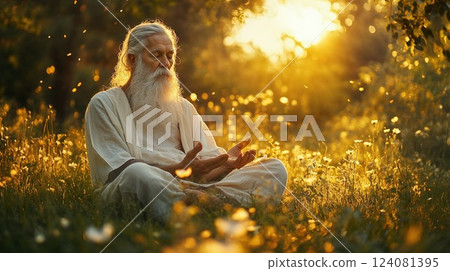 An elderly man meditating in a golden-hued field of flowers, exuding calm and wisdom as the sun sets behind him, surrounded by a peaceful, serene atmosphere that invites mindfulness 124081395