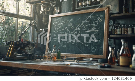 A rustic laboratory with a chalkboard filled with complex equations, beakers, and scientific instruments scattered on a workbench, evoking creativity and innovation in an old-world scientist 124081409