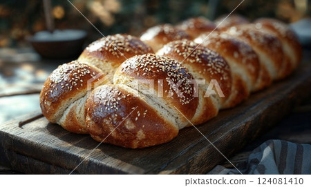 Fresh, golden, sesame-topped bread rolls arranged neatly on a wooden surface, offering a comforting and warm culinary scene, perfect for food lovers and bakers 124081410