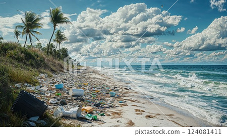 A stunning beach landscape with palm trees and the ocean, littered with trash and debris. The image highlights the environmental issue of pollution in a serene and unsettling natural setting 124081411