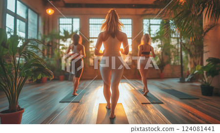 Morning yoga session in a bright studio with vibrant plants and warm sunlight 124081441