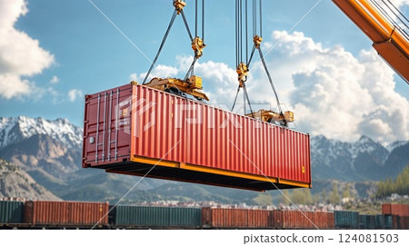 A massive crane lifts a red shipping container in a busy port, with mountains in the background. This image emphasizes logistics, global trade, and the power of modern freight transportation A massive crane lifts a red shipping container in a busy port, with mountains in the background. This image emphasizes logistics, global trade, and the power of modern freight transportation 124081503